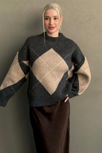 Antrasit Baklava Desenli Bisiklet Yaka Triko Kadın Kazak MG2644