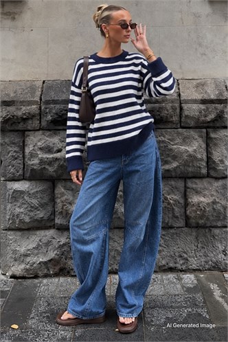 Lacivert Çizgili Bisiklet Yaka Oversize Kadın Kazak MG2894