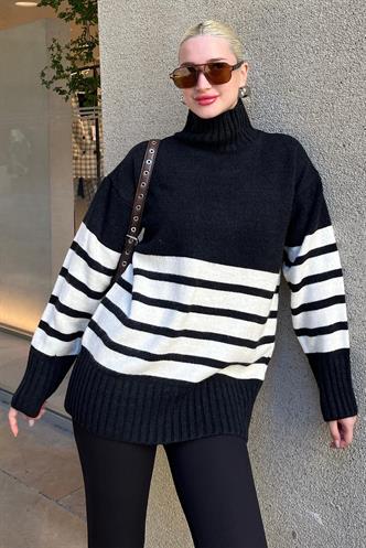 Siyah Oversize Balıkçı Yaka Çizgili Kazak MG2168