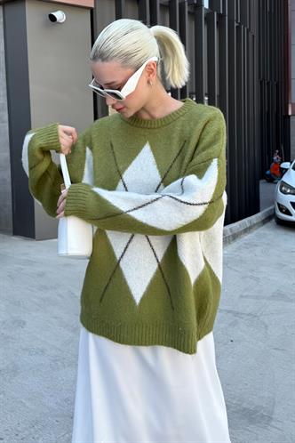 Yağ Yeşili Bisiklet Yaka Geometrik Desen Kadın Kazak Mg2471