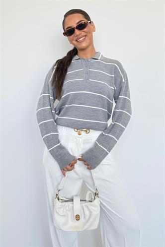 Gri Çizgili Polo Yaka Kadın Triko Kazak MG2470