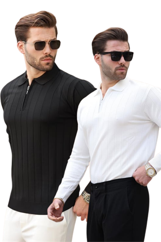 Siyah/Beyaz Polo Yaka Fermuarlı Örme Kazak 2Li Set 7242