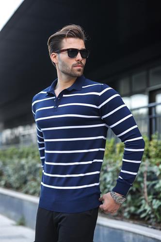 Lacivert Düğmeli Polo Yaka Çizgili Uzun Kollu Kazak 7263