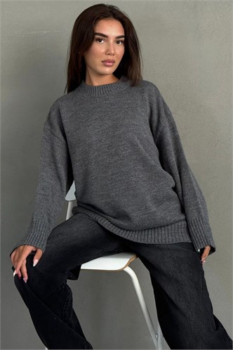 Antrasit Bisiklet Yaka Oversize Uzun Kadın Triko Kazak MG2890