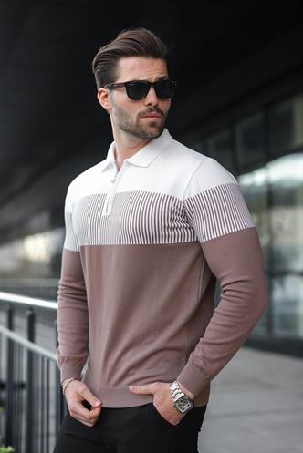 Kahverengi Fermuar Yaka Renk Bloklu Uzun Kollu Kazak 7262