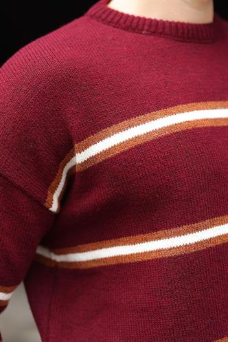 Bordo Çizgili Triko Erkek Kazak E7457