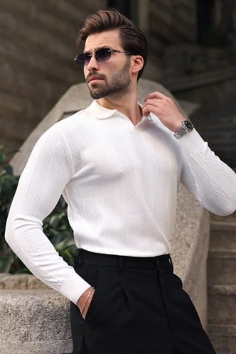 Beyaz Regular Fit Polo Yaka Triko Erkek Kazak E7509