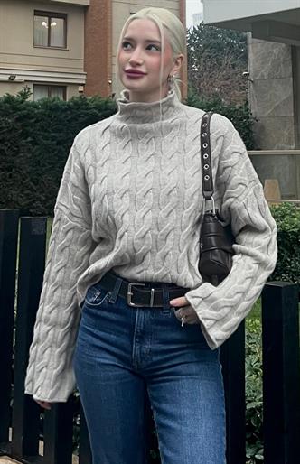 Bej Balıkçı Yaka Örme Triko Kazak MG2172