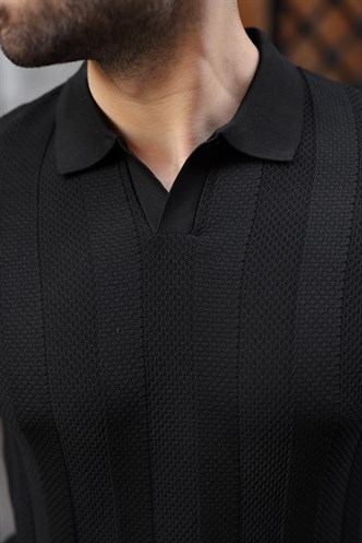 Siyah Regular Fit Polo Yaka Triko Erkek Kazak E7509