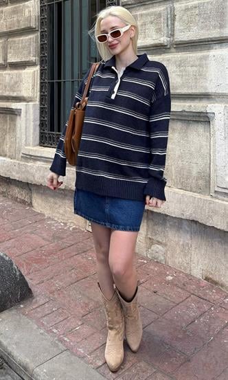 Madmext Lacivert Çizgili Düğmeli Polo Yaka Kazak Mg2357