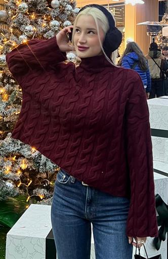 Bordo Balıkçı Yaka Örme Triko Kazak MG2172