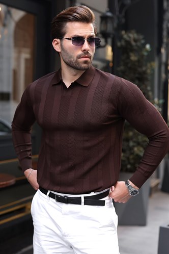 Kahverengi Regular Fit Polo Yaka Triko Erkek Kazak E7509