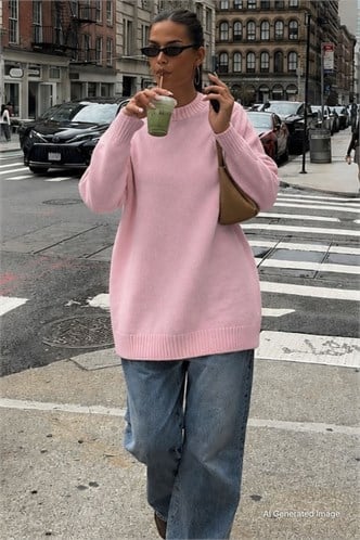 Pembe Bisiklet Yaka Oversize Uzun Kadın Triko Kazak MG2890