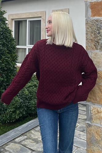 Bordo Bisiklet Yaka Örme Triko Kazak MG2262