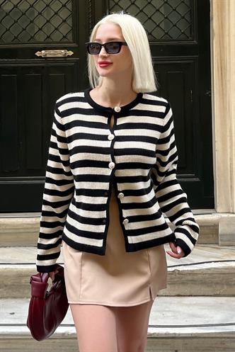 Siyah Çizgili Bisiklet Yaka Gold Düğme Detaylı Cotton Hırka MG1605