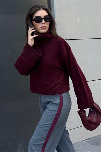 Bordo Boğazlı Kadın Triko Kazak MG2255