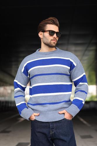 İndigo Çizgili Bisiklet Yaka Triko Erkek Kazak E7455