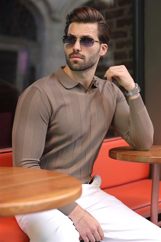 Açık Kahverengi Regular Fit Polo Yaka Triko Erkek Kazak E7509