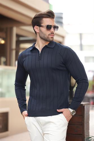 Lacivert Polo Yaka Fermuarlı Örme Kazak 7242