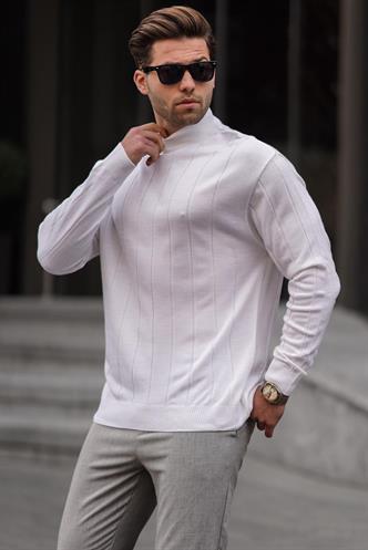 Ekru Slim Fit Yarım Balıkçı Yaka  Çizgili Tüylenmeyen Erkek Triko Kazak 6344