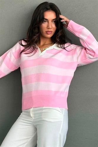 Pembe Çizgili Polo Yaka Kadın Kazak MG2882