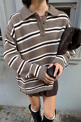 Vizon Polo Yaka Çizgili Kadın Triko Kazak Mg2469