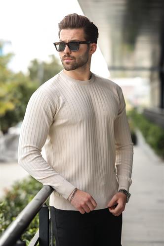 Taş Rengi Bisiklet Yaka Çizgili Uzun Kollu  Kazak E7273