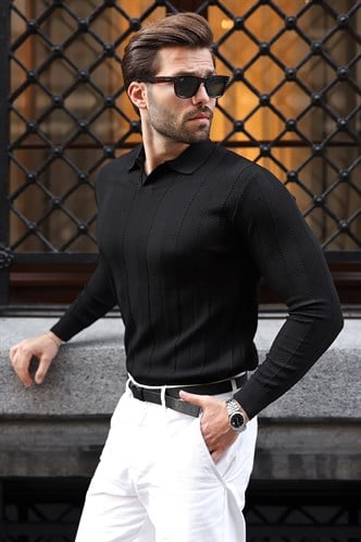 Siyah Regular Fit Polo Yaka Triko Erkek Kazak E7509