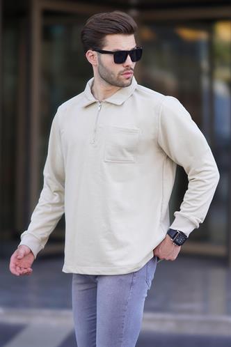 Bej Polo Yaka Fermuarlı Uzun Kollu Erkek Sweatshirt 7057