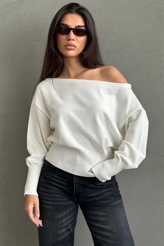 Ekru Ribbed Asimetrik Kesimli Kadın Kazak MG2744