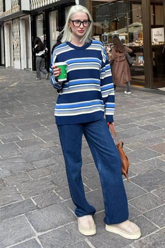 Lacivert Bisiklet Yaka Çizgili Kadın Kazak MG2599