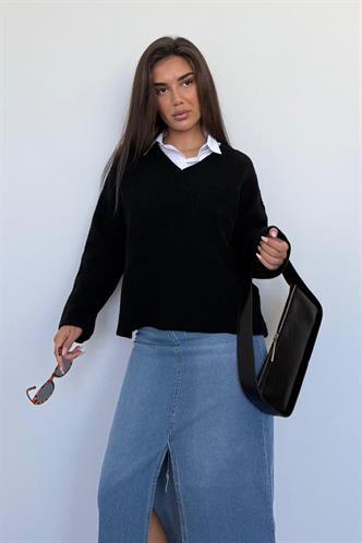 Siyah V Yaka Triko Kadın Kazak Mg2501