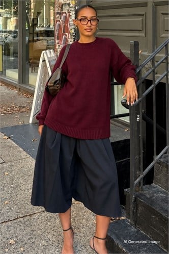 Bordo Bisiklet Yaka Oversize Uzun Kadın Triko Kazak MG2890