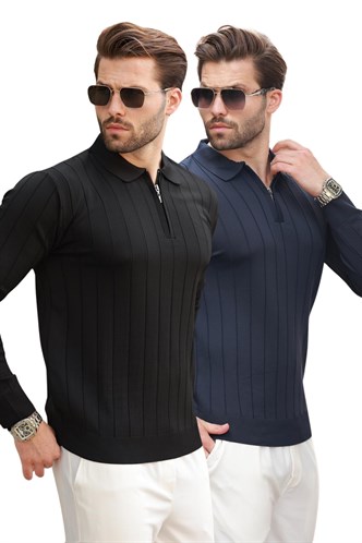 Siyah/Lacivert Polo Yaka Fermuarlı Örme Kazak 2Li Set 7242