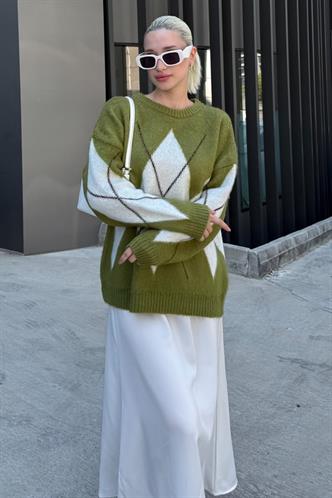 Yağ Yeşili Bisiklet Yaka Geometrik Desen Kadın Kazak Mg2471