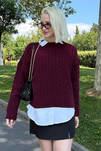 Bordo Bisiklet Yaka Örgü Desenli Kadın Triko Kazak MG2520