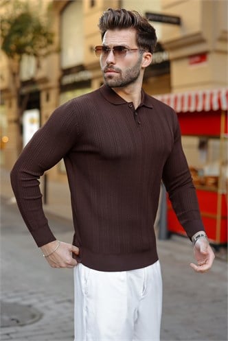 Kahverengi Düğmeli Polo Yaka Desenli Over Fit Erkek Triko Kazak E7520