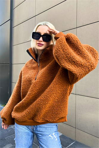 Kiremit Peluş Fermuar Yaka Sweatshirt MG1413