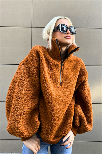 Kiremit Peluş Fermuar Yaka Sweatshirt MG1413