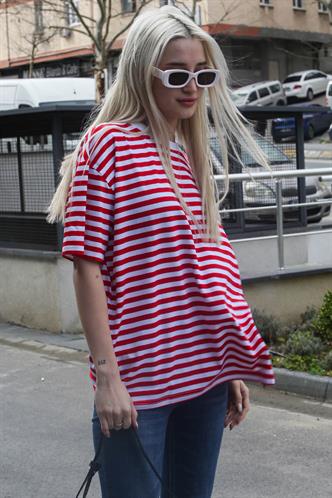Kırmızı Çizgili Bisiklet Yaka Tişört MG1656