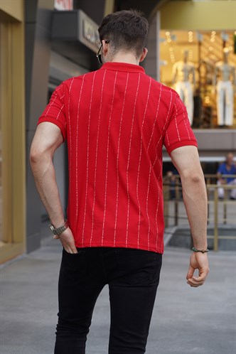Kırmızı Düğmeli Çizgili Polo Yaka Tişört 5879