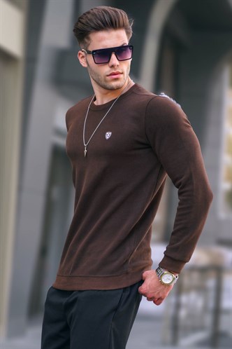 Koyu Kahverengi Bisiklet Yaka Regular Fit Basic Sweatshirt 5799