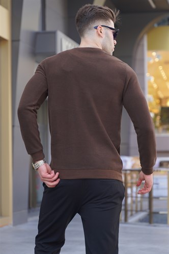 Koyu Kahverengi Bisiklet Yaka Regular Fit Basic Sweatshirt 5799