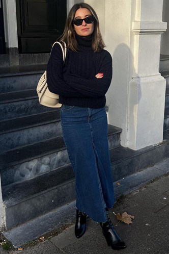 Koyu Mavi Yırtmaçlı Uzun Kot Etek MG1689