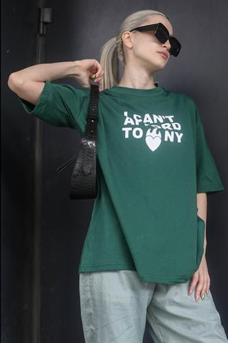 Koyu Yeşil Baskılı Bisiklet Yaka Kadın Tişört MG1653