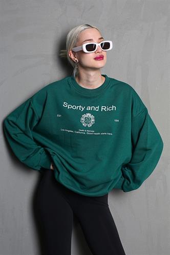 Koyu Yeşil Bisiklet Yaka Baskılı Oversize Kadın Sweatshirt MG1577