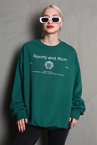 Koyu Yeşil Bisiklet Yaka Baskılı Oversize Kadın Sweatshirt MG1577