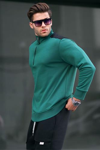 Koyu Yeşil Fermuar Yaka Basic Erkek Sweatshirt 6157
