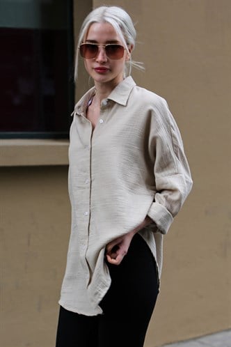 Krem Muslin Kumaş Basic Kadın Gömlek MG1660