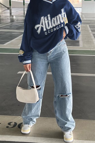 Navy Blue Printed V Neck Sweatshirt MG1576